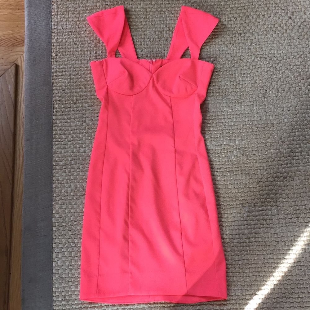Neon pink dress with sweetheart neckline.